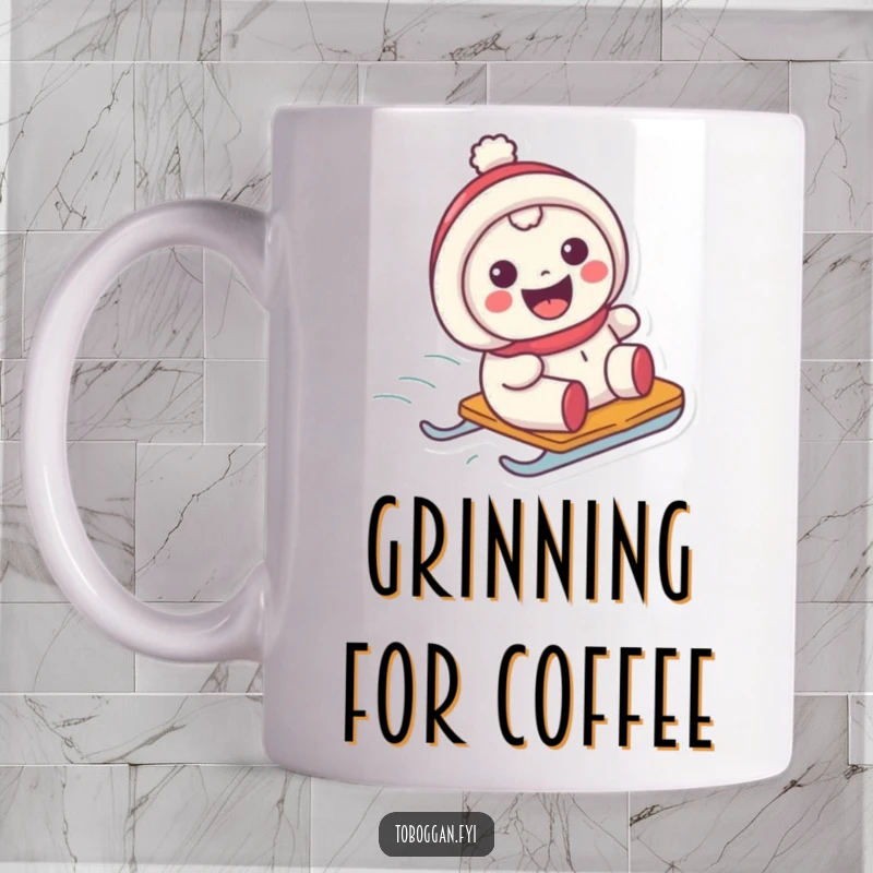 Funny mug of a character with a wide grin joyfully sliding down a snowy hill on a sled.