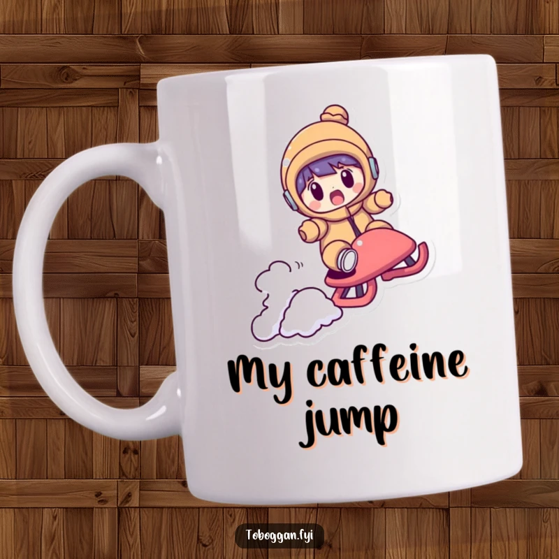 Funny mug showing a character looking utterly shocked as their sled unexpectedly flies over a small bump, capturing a moment of pure surprise.