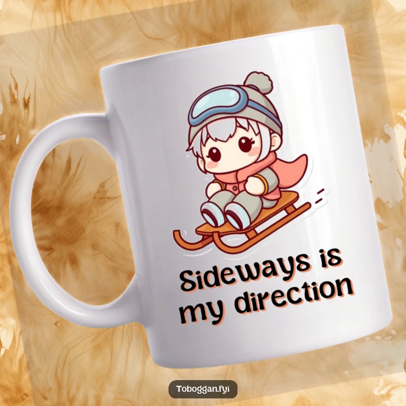 Funny mug depicting a character comically losing control and sliding sideways on a sled with a panicked yet amusing expression.