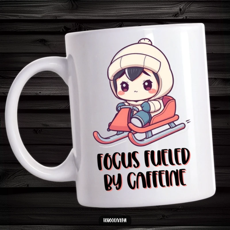 Funny mug showing a character intensely concentrating while steering a sled down a snowy path with great focus.