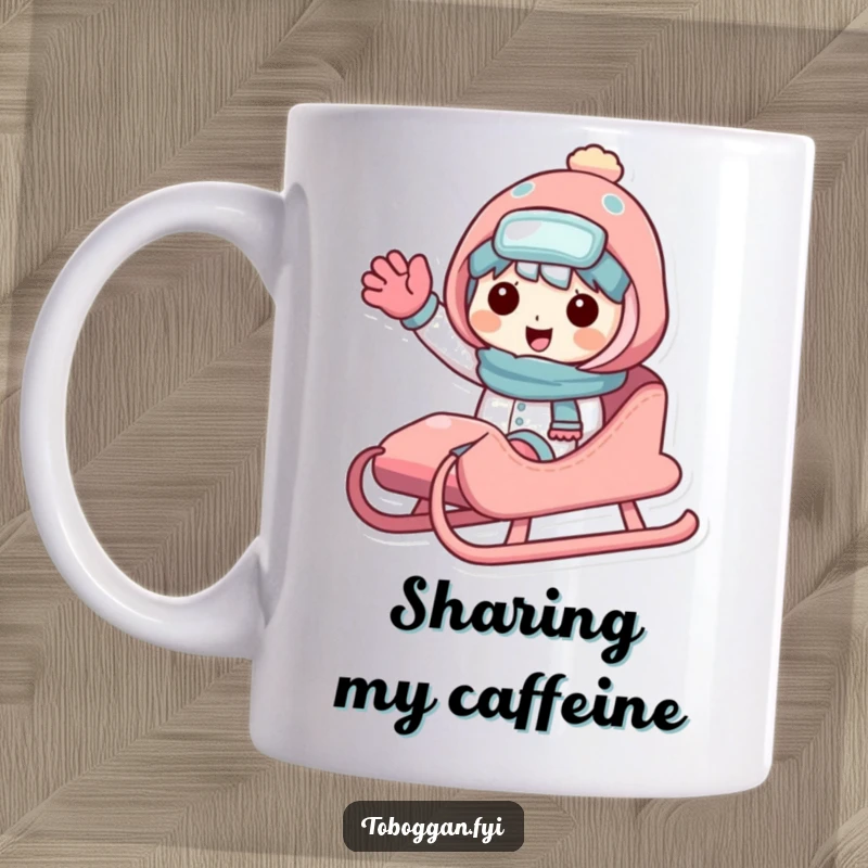 Funny sledding character mug featuring a friendly character sharing a sled and giving a cheerful wave, embodying winter joy and camaraderie.