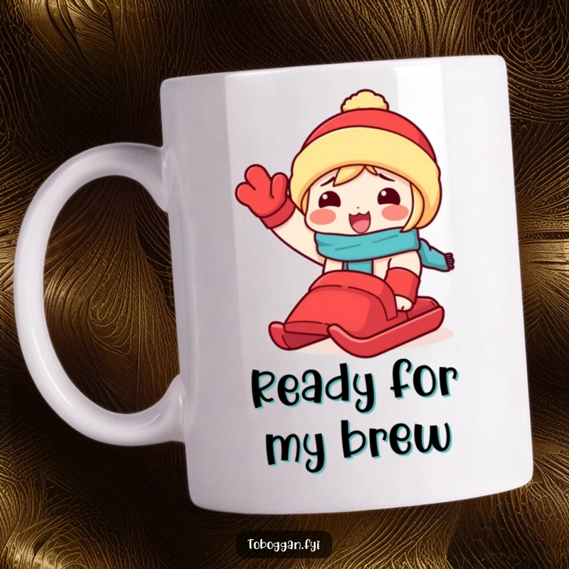 Funny mug featuring a character ecstatically waving a red toboggan, capturing the pure joy of a snowy day adventure.