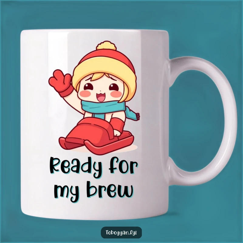 Funny Snow Day Mug: Joyful Toboggan Waving Character, Perfect Gift!