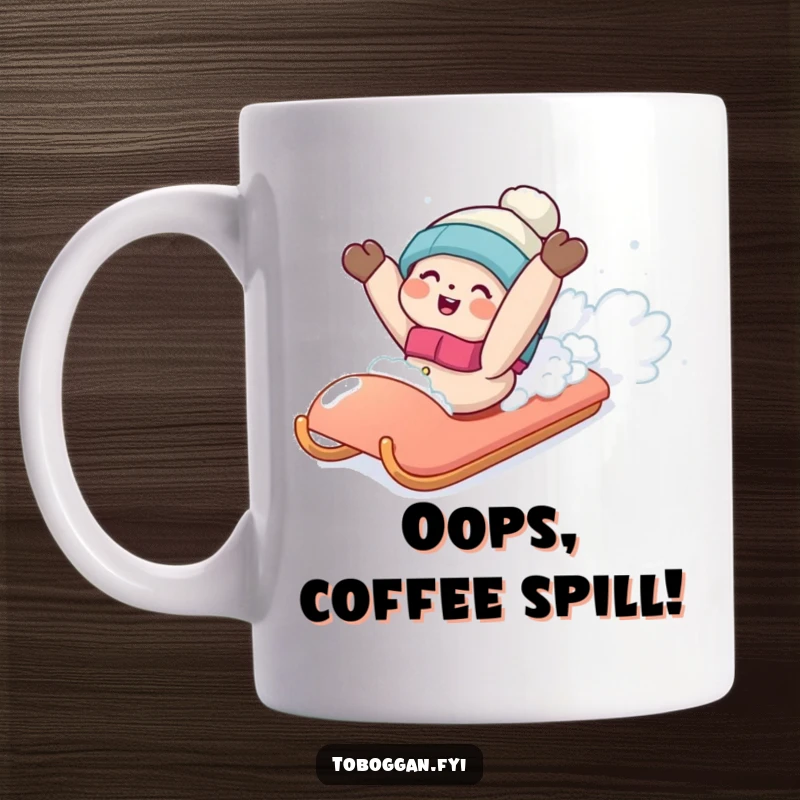 Funny mug showing a character gleefully falling backwards off a sled into a pile of soft, fluffy snow.