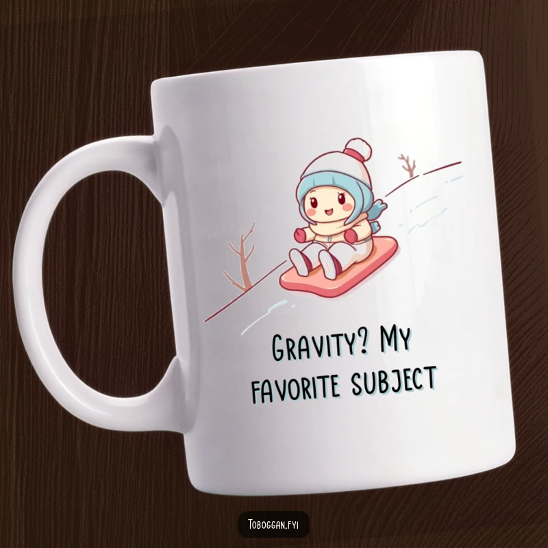 Funny mug showing a cute cartoon character gleefully speeding down a snowy hill with a big smile, capturing pure winter joy.