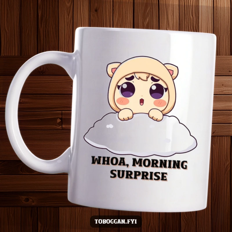 Funny Mug: A surprised character with raised eyebrows lands softly in a pile of snow, eyes wide with unexpected delight.