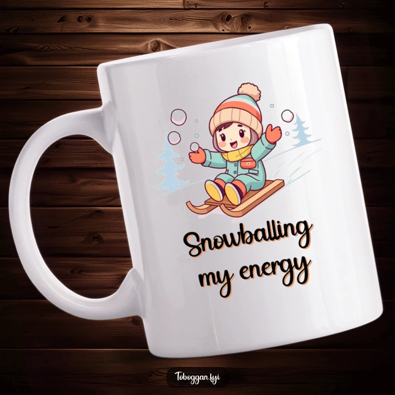Funny character excitedly throwing snowballs while riding their sled downhill on a mug.