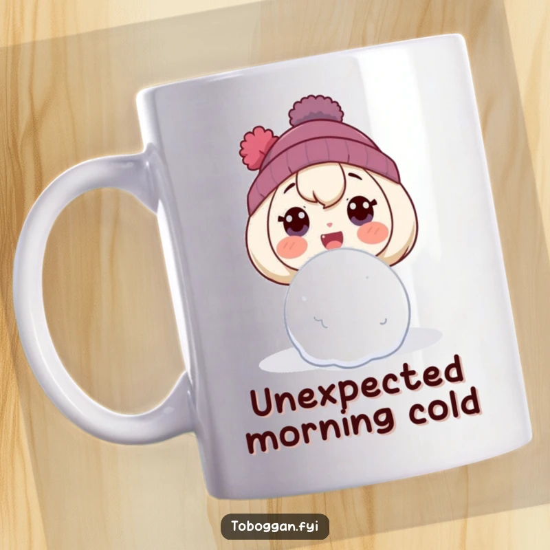 Funny mug showing a cartoon character with wide eyes and an open mouth, surprised by an incoming snowball.