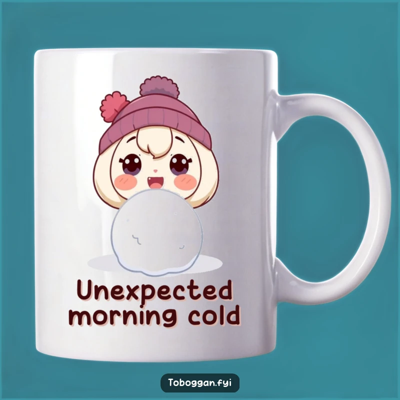 Funny Snowball Surprise Mug: Shocked Character's Winter Gift