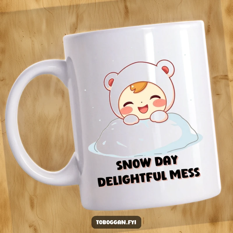 Funny Mug: A giggling character with rosy cheeks playfully bumps into a soft, white snowdrift, enjoying winter's fun.