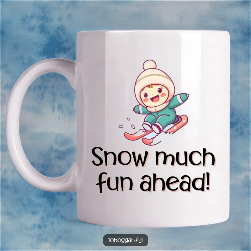 Funny Mug: Cute character joyfully speeding down a steep, snowy hill on a sled, conveying pure winter fun and excitement.