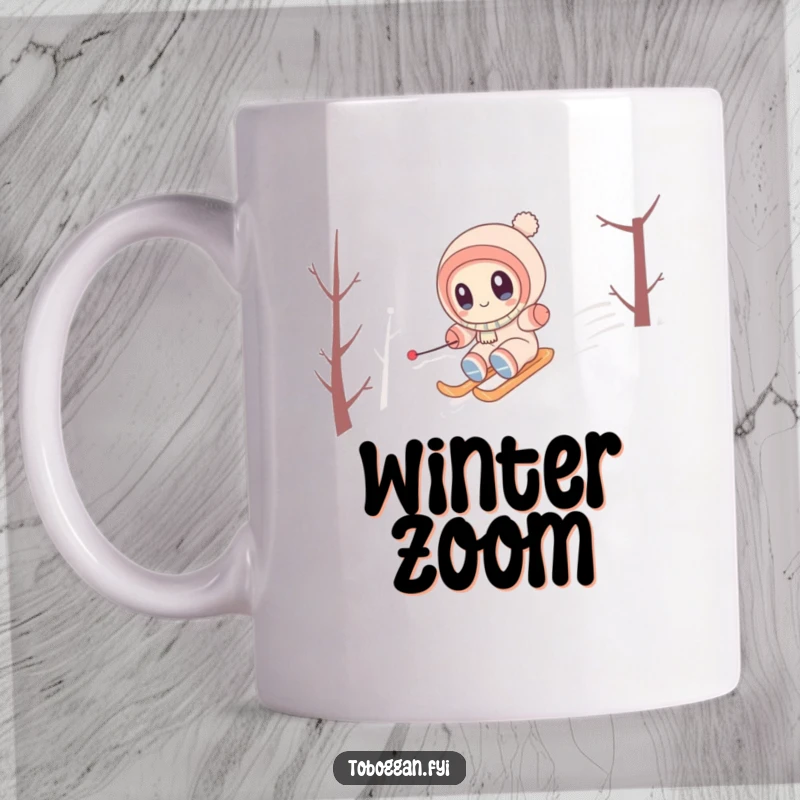 Funny Mug featuring a cute character with wide eyes, gleefully zipping down a snow-covered hill.