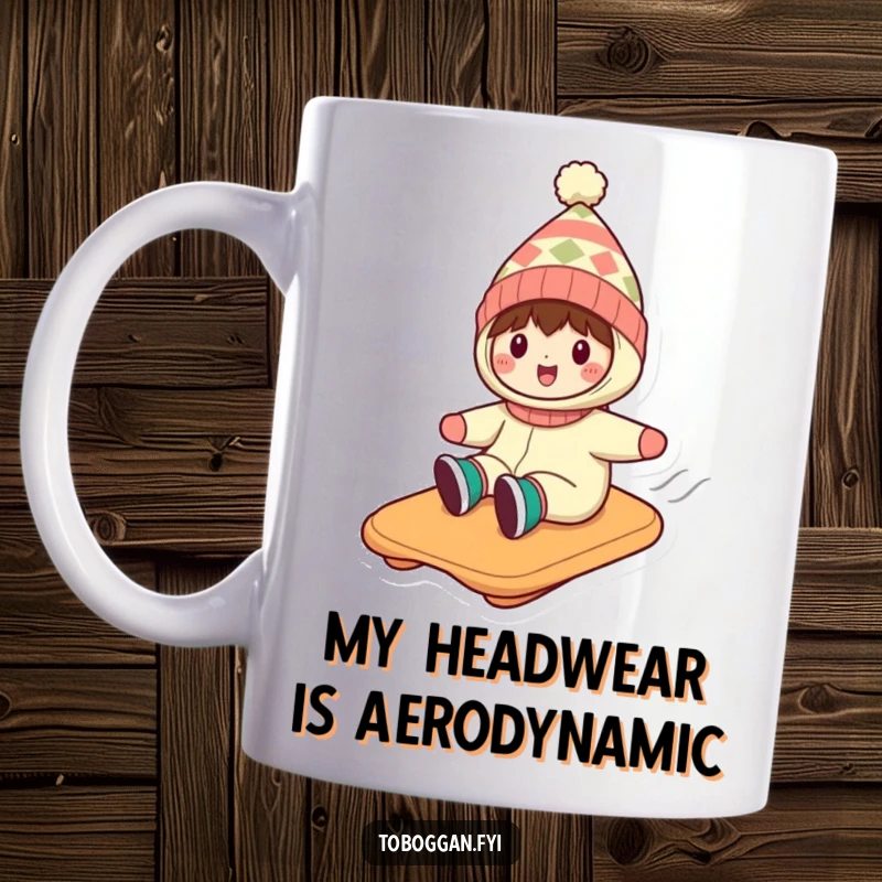 Funny mug with a character in a silly hat, joyfully tobogganing down a snowy hill with a big smile.