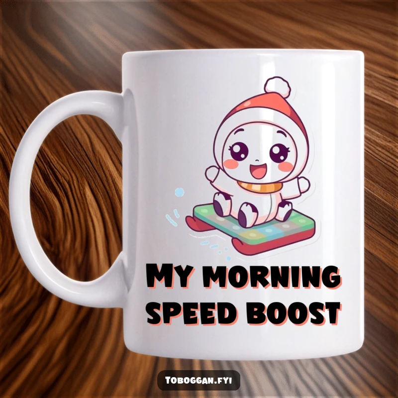 Funny Mug: Wide-eyed character with a joyful expression happily slides down a hill on a colorful toboggan, embracing winter fun.