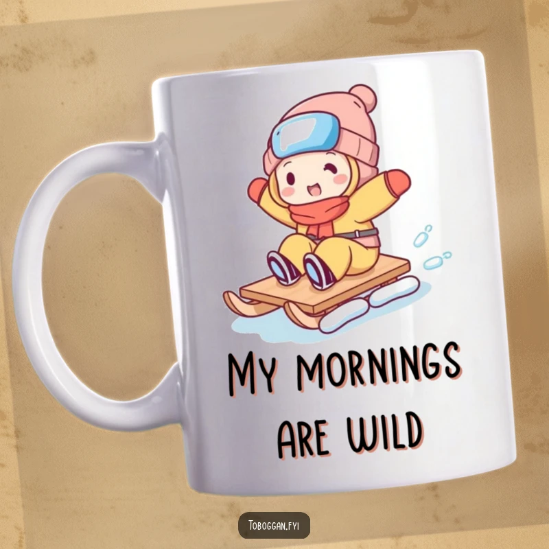 Funny mug featuring a character gleefully attempting a wild trick on a toboggan, embodying pure winter silliness.