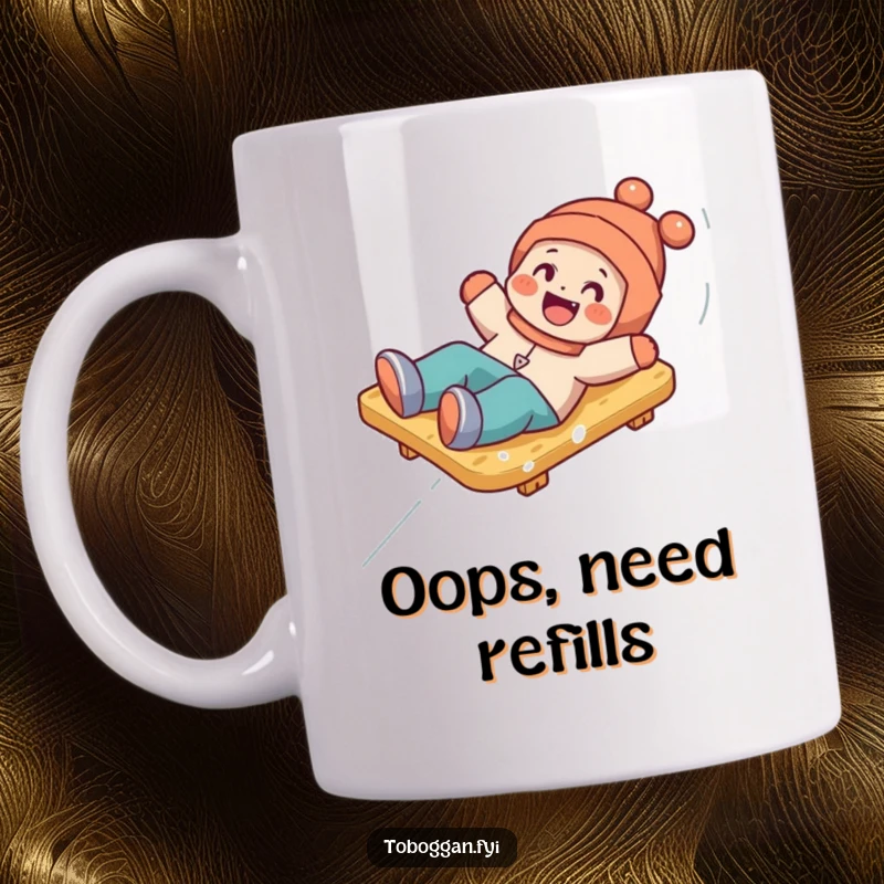 Funny mug of a happy character comically tumbling playfully off a toboggan in the snow, mid-fall and laughing.