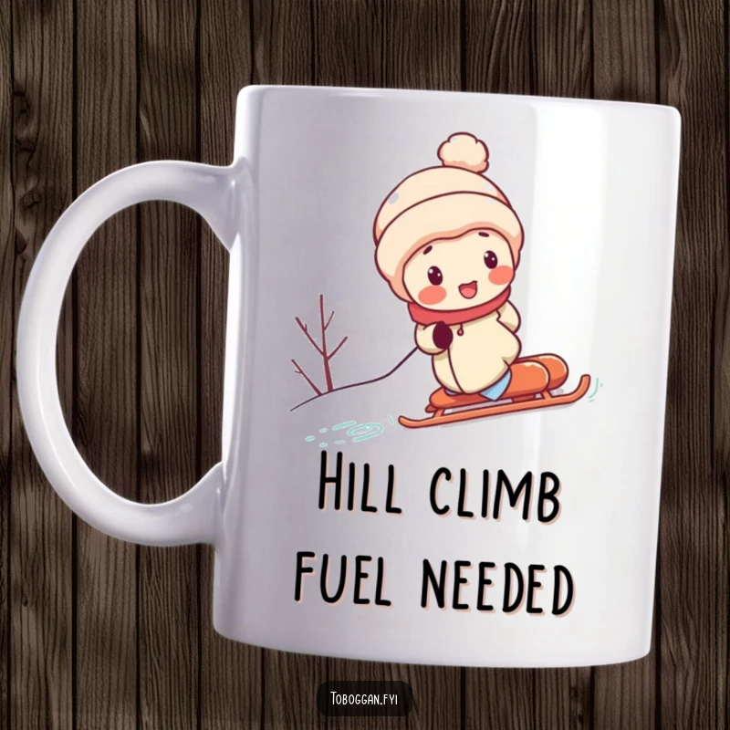 Funny mug shows a determined character with rosy cheeks, straining to push a sled up a snowy hill, embodying humorous winter effort.