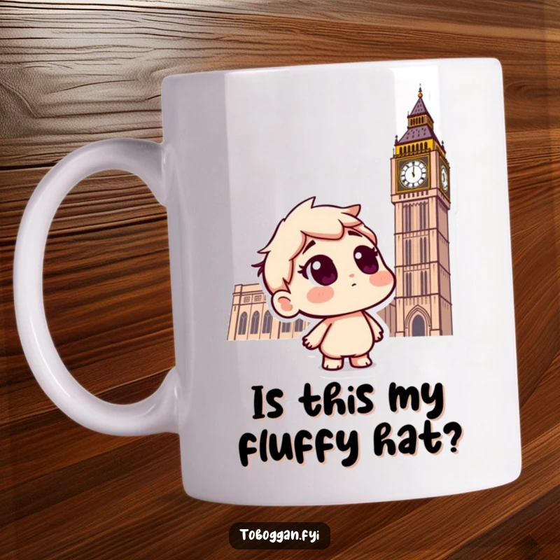 Funny mug featuring a curious character questioning the sky while on a toboggan with snowflakes falling around them.