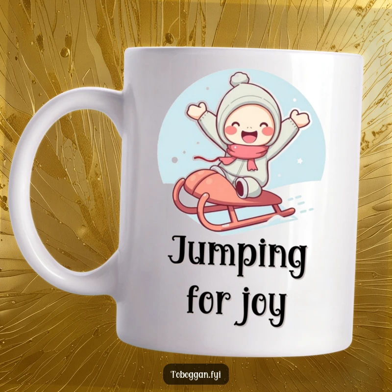 Funny mug of a cute character with rosy cheeks joyfully jumping from a sled, full of winter excitement.