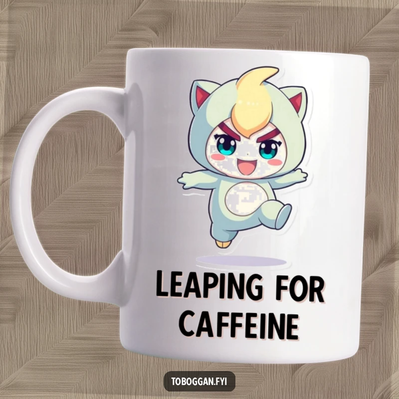 Funny mug depicting a character in a playful jump, showcasing a determined expression and dynamic athletic energy.