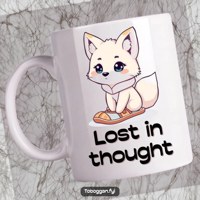 Funny curious arctic fox wearing a tiny snowshoe, looking lost and bewildered on a mug, perfect for animal lovers.
