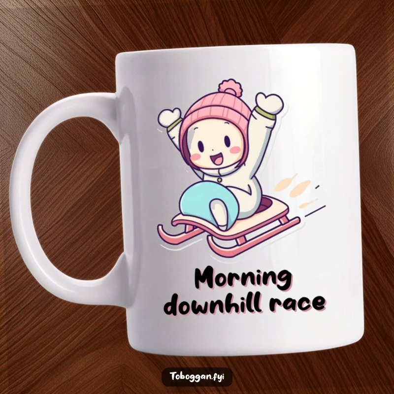 Funny Downhill Sledding Mug featuring a character zooming downhill on a sled with arms in the air, full of joy.