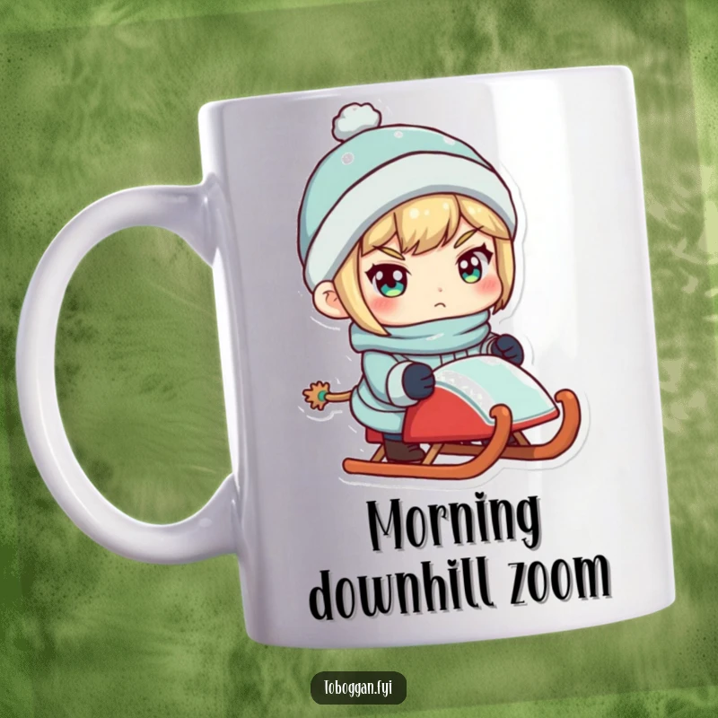 Funny mug depicting a character with a determined expression, firmly holding a sled, ready for winter fun.