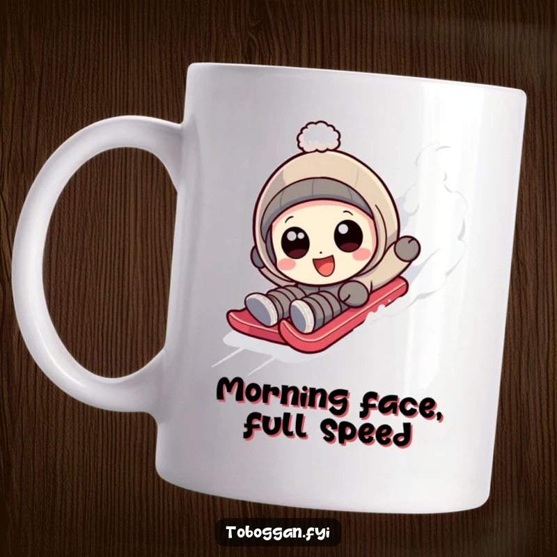 Funny character with wide, happy eyes hilariously tumbling down a sledding slope on a mug.