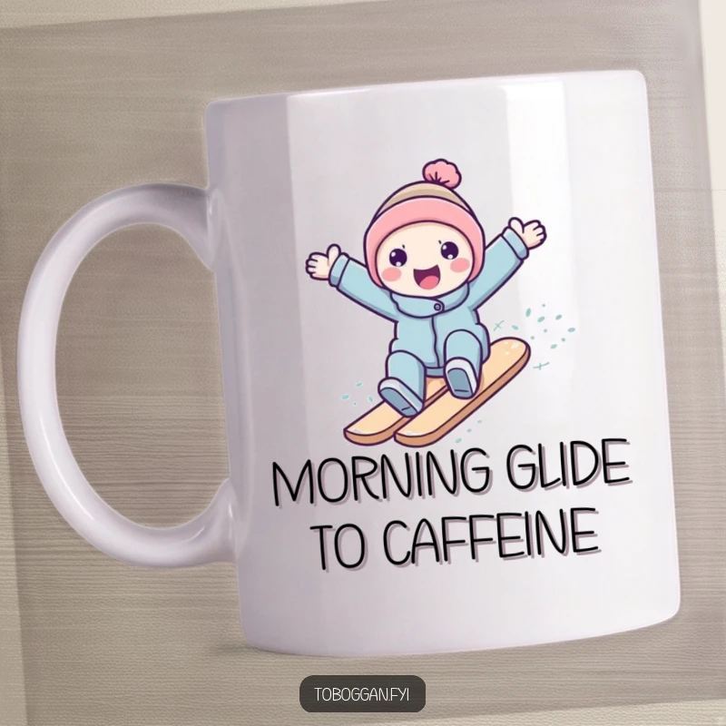 Funny character with arms outstretched, happily surfing down a snowy slope, depicted on a cheerful mug.