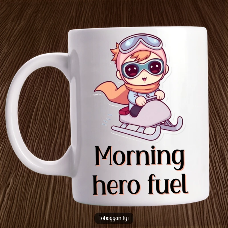 Funny mug depicting a cute character in a superhero pose while joyfully riding a sled down a snowy hill.