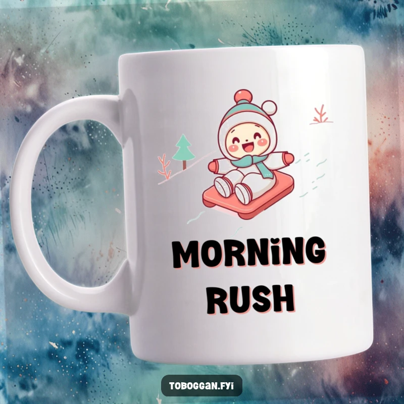 Funny Toboggan Mug: A cute character gleefully toboggans down a snowy slope, capturing the joyous spirit of winter fun.