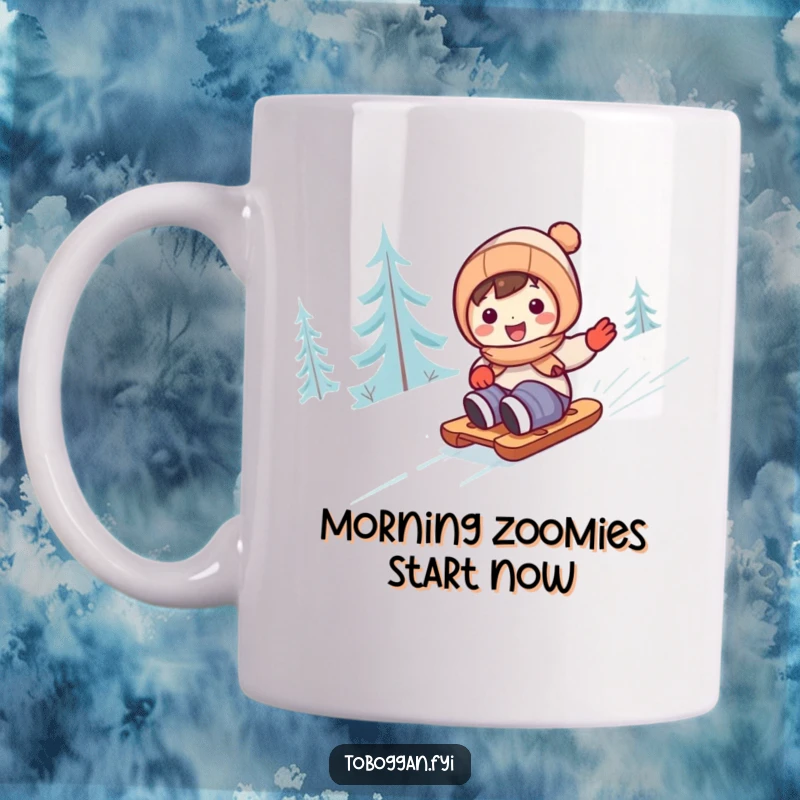 Funny cute character gleefully zooming downhill on a sled, captured on a mug for winter cheer.