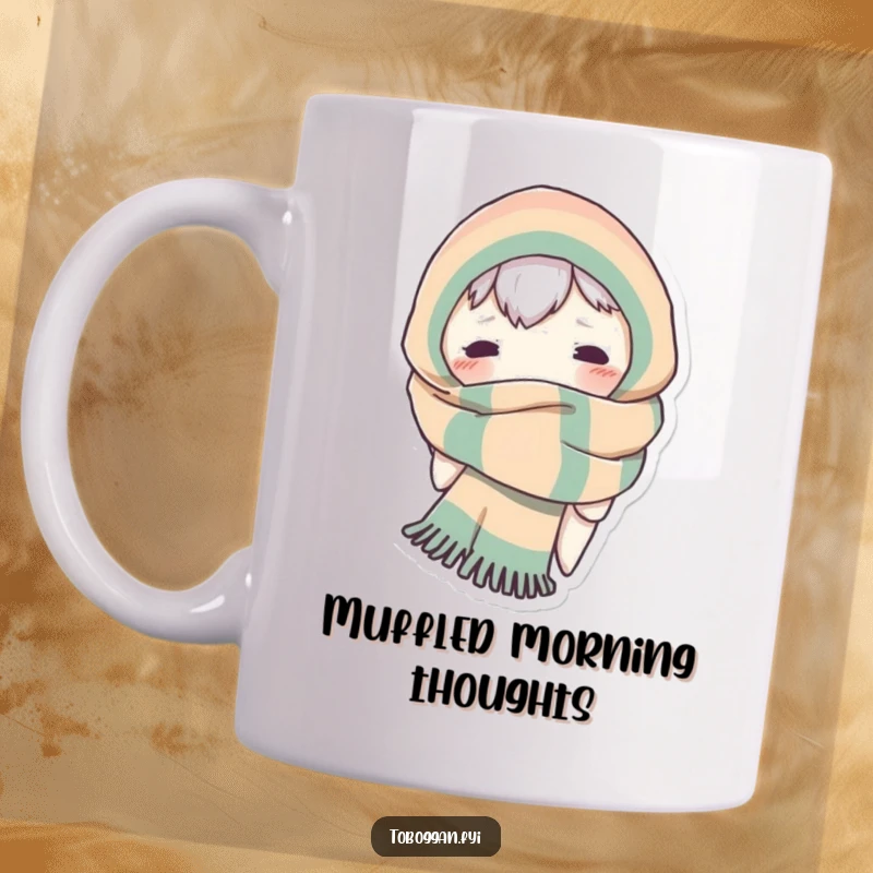 Funny mug depicting a character completely wrapped in a huge scarf, with only eyes peeking out playfully.