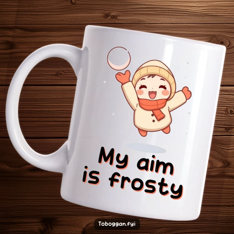 Funny mug: A small cartoon character joyfully throws a snowball mid-flight, captured in a moment of playful winter action.
