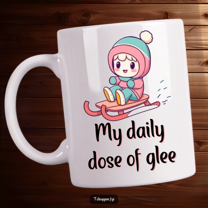 Funny mug with a cartoon character joyfully spinning on a sled, showcasing winter's playful and exciting side.