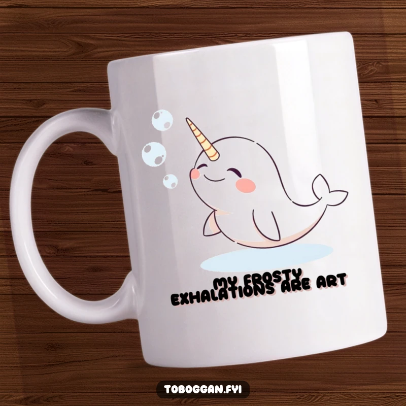 Funny narwhal mug with a giggling character comically blowing snow bubbles, spreading winter cheer and laughter.