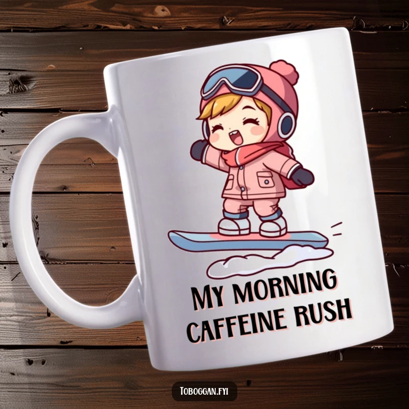 Funny snowboarder mug featuring a character in a precarious yet joyful balancing pose on a snowboard, ready for a thrilling ride.