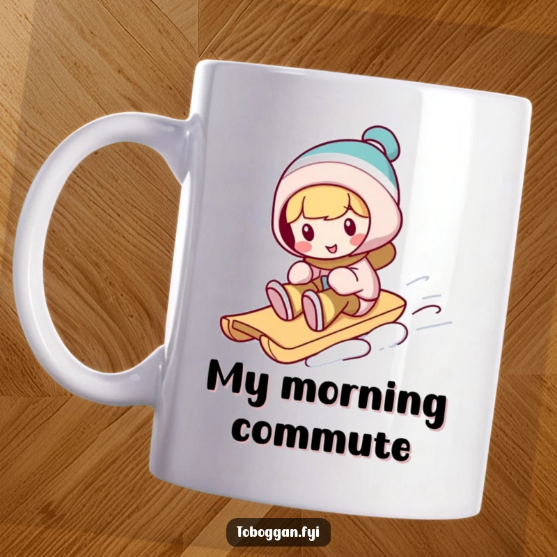 Funny winter mug, a character performs a silly trick on a toboggan, expressing joyful and humorous winter sports.