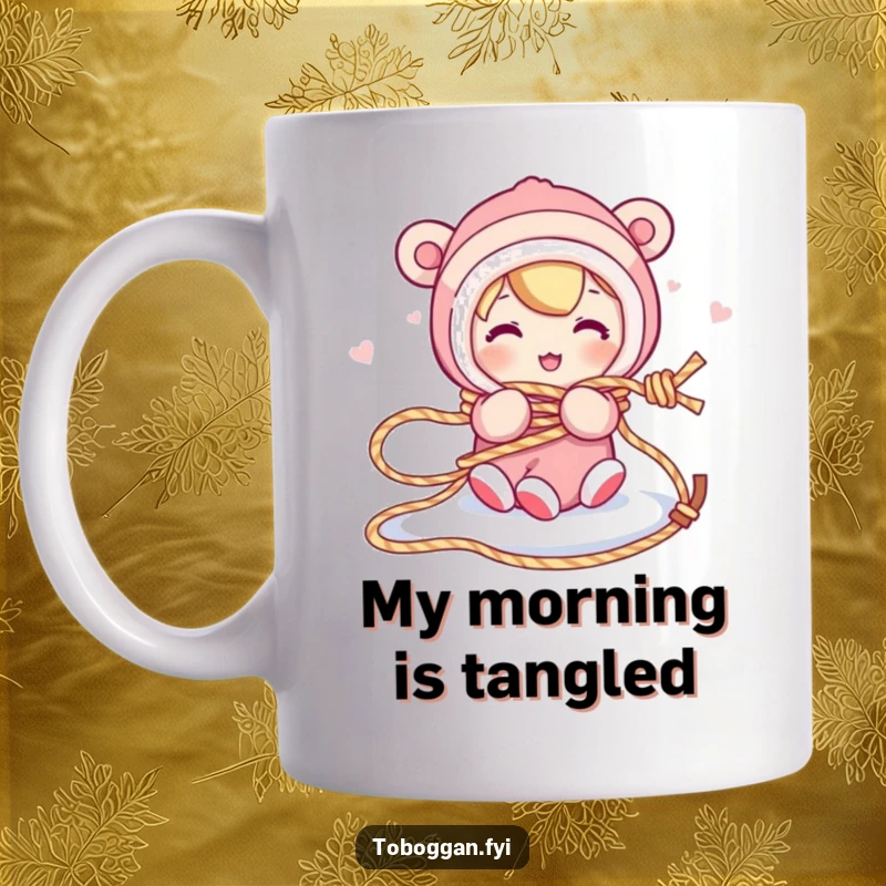 Funny mug shows a character comically entangled in their own sled rope, embodying a humorous and relatable moment of winter mishap.