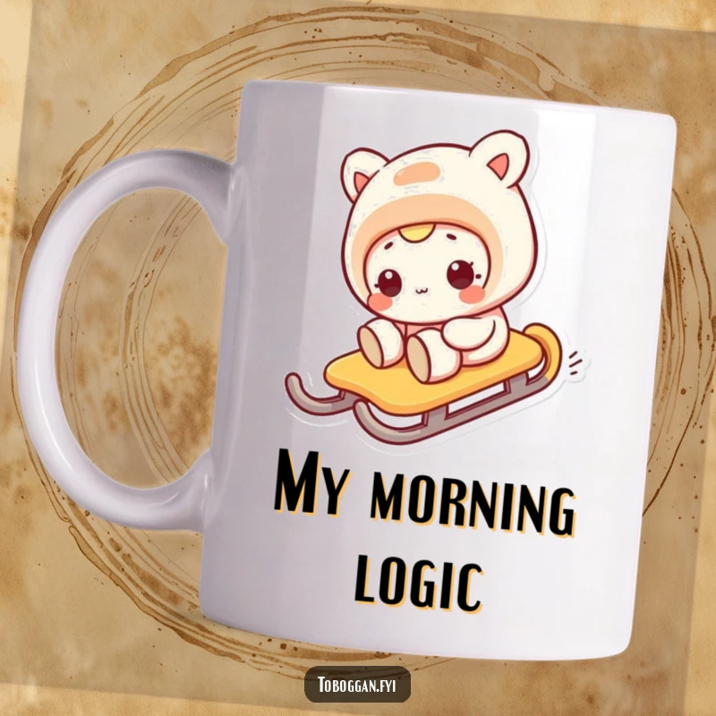 Funny mug showing a character comically sliding sideways on a sled, capturing a hilarious wipeout moment.