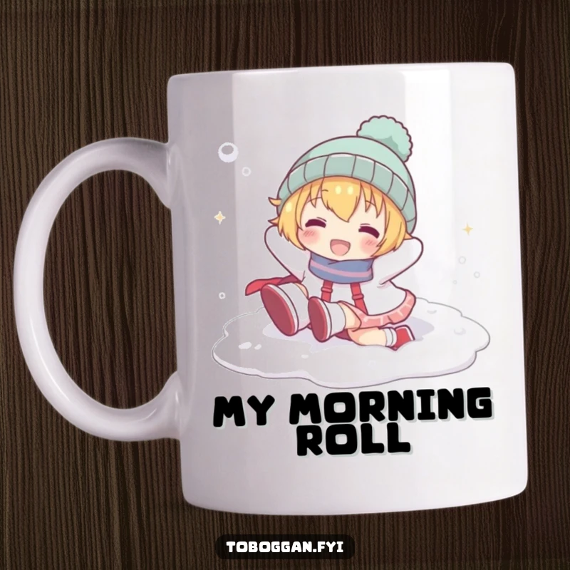 Funny mug showing a cartoon character playfully tumbling head over heels in soft snow, capturing pure winter joy.