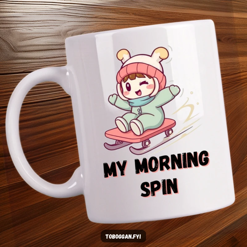 Funny mug illustrating a character with a playful wink, spinning wildly on a toboggan, capturing exhilarating winter motion and fun.