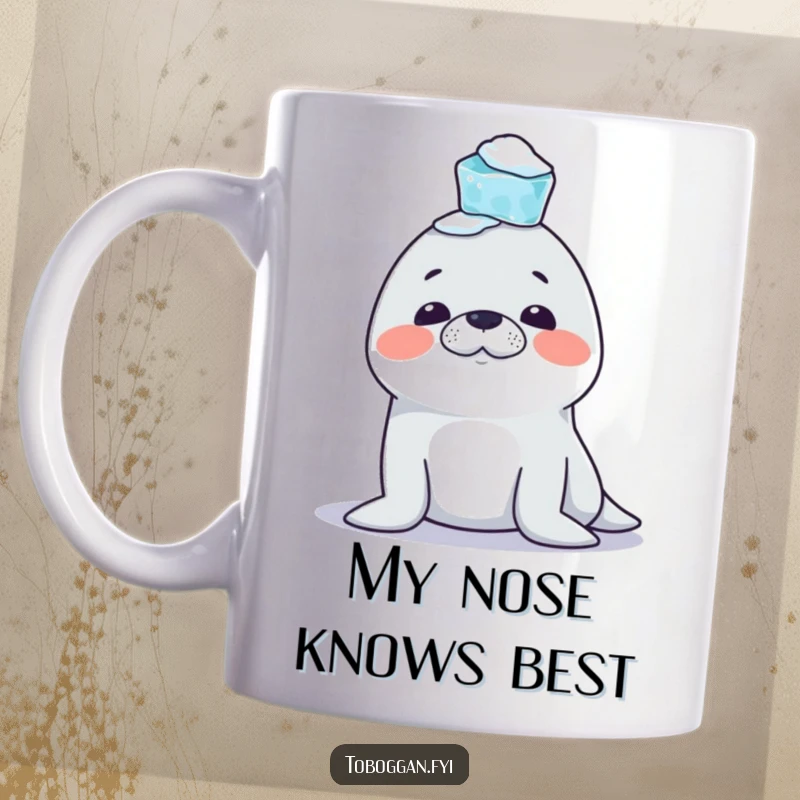 Funny Seal Mug: A mischievous seal character comically attempts to balance a pile of icicles on its nose, showcasing arctic mischief.