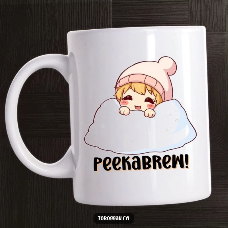 Funny mug with a cute character peeking with a giggle from behind a snowy drift, embodying playful winter fun.