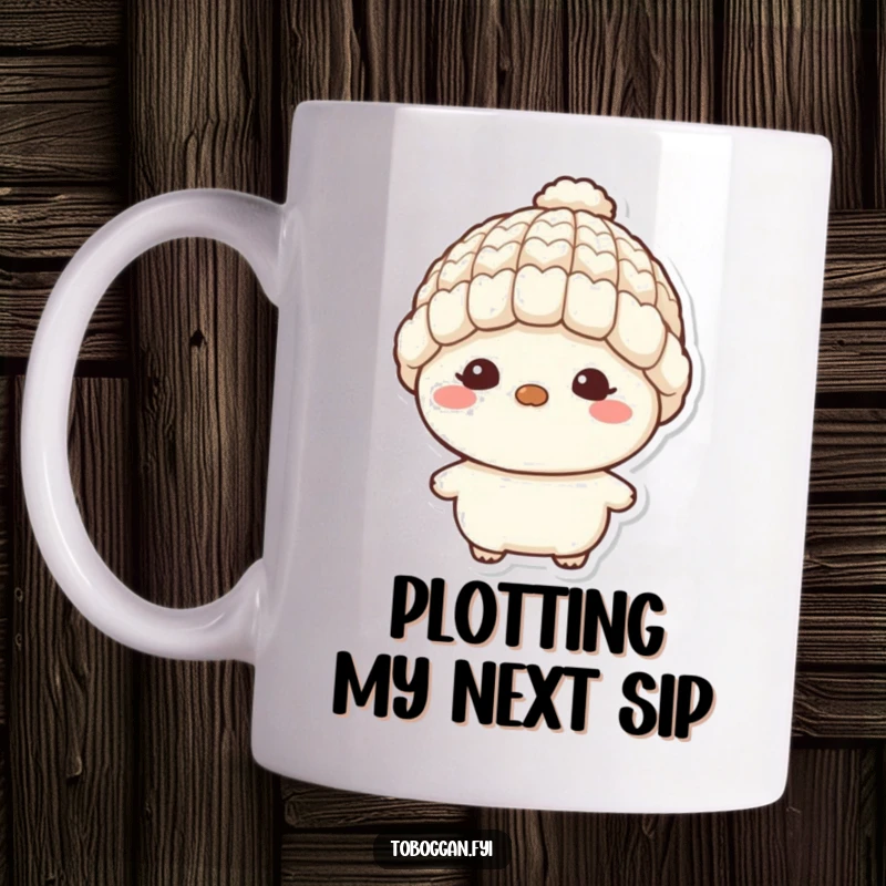 Funny mug with a character sporting a tiny wool hat and a mischievous grin, radiating playful charm and secret-keeping humor.