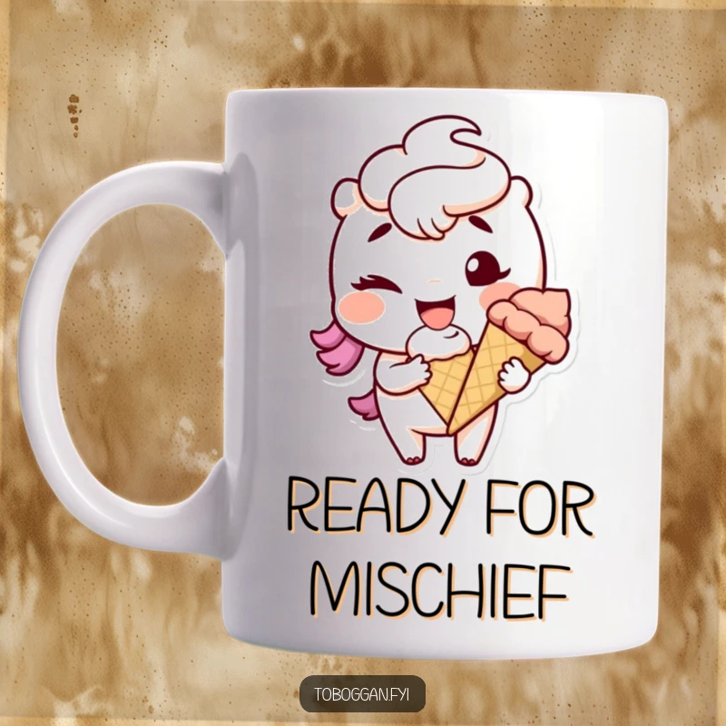 Funny character with a mischievous grin winking while holding a snowball, depicted on a cheerful mug.