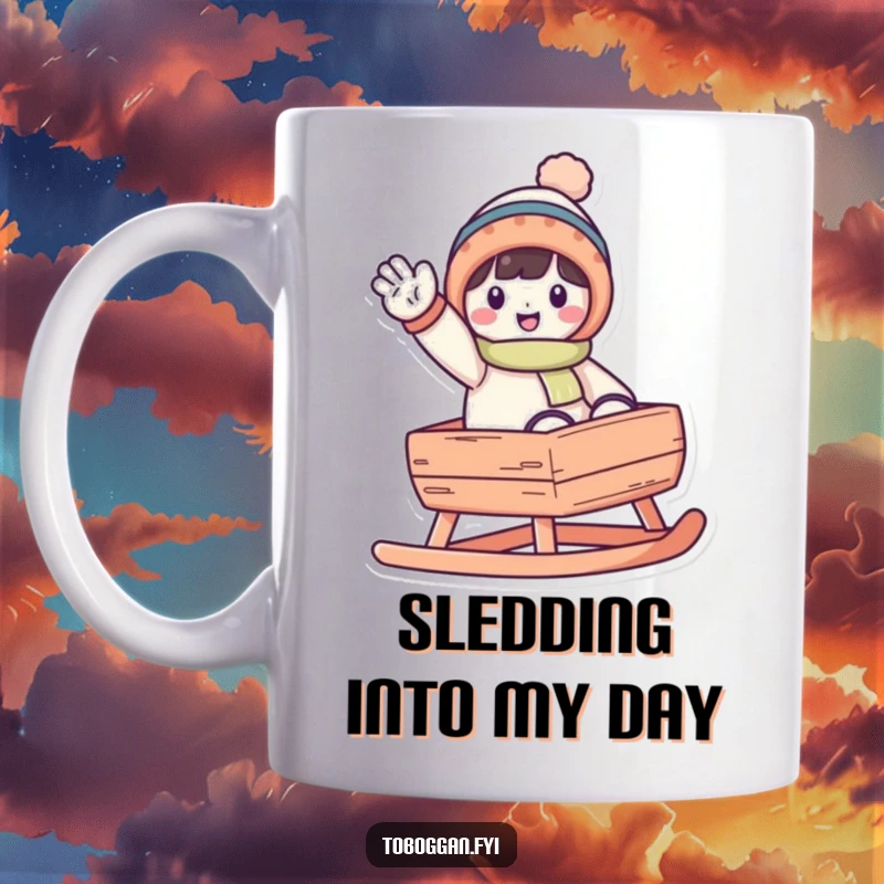 Funny waving toboggan character mug, showing a cheerful character happily waving from the back of a sled.