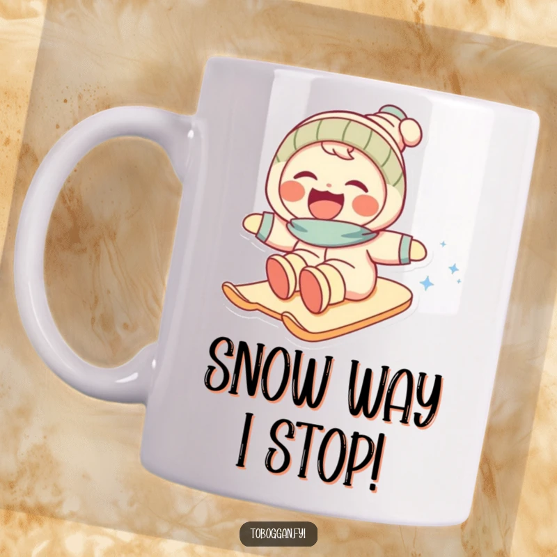 Funny mug showing a joyful character gleefully sliding fast down a steep, snow-covered slope with a big laugh.