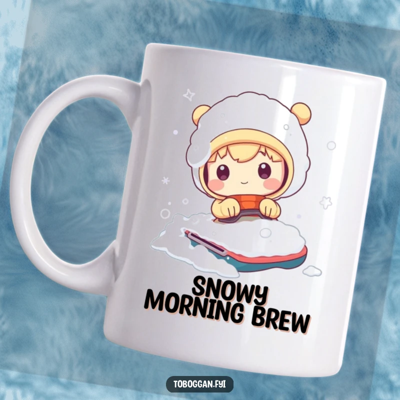 Funny mug depicting a cute character comically buried in a pile of snow after an adventurous bumpy ride, full of winter fun.