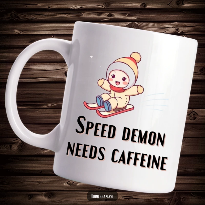 Funny mug of a cute character zooming joyfully down a steep snowy hill, full of winter excitement and laughter.